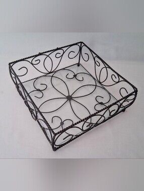 Vintage  Braided Iron Basket/Tray - Removable Glass Bottom